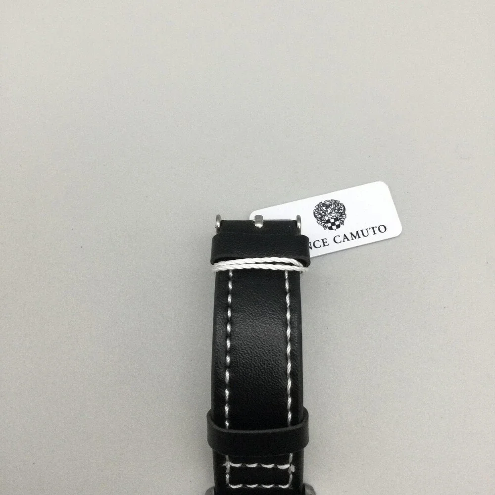 Vince Camuto Mens Watch 42mm Blue Dial Black Leather Stainless New Battery